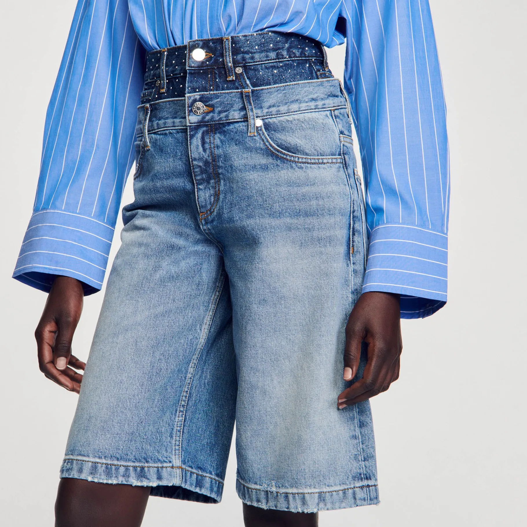 Sandro Paris Saias E Shorts-Bermuda Jeans Com Cintura Dupla