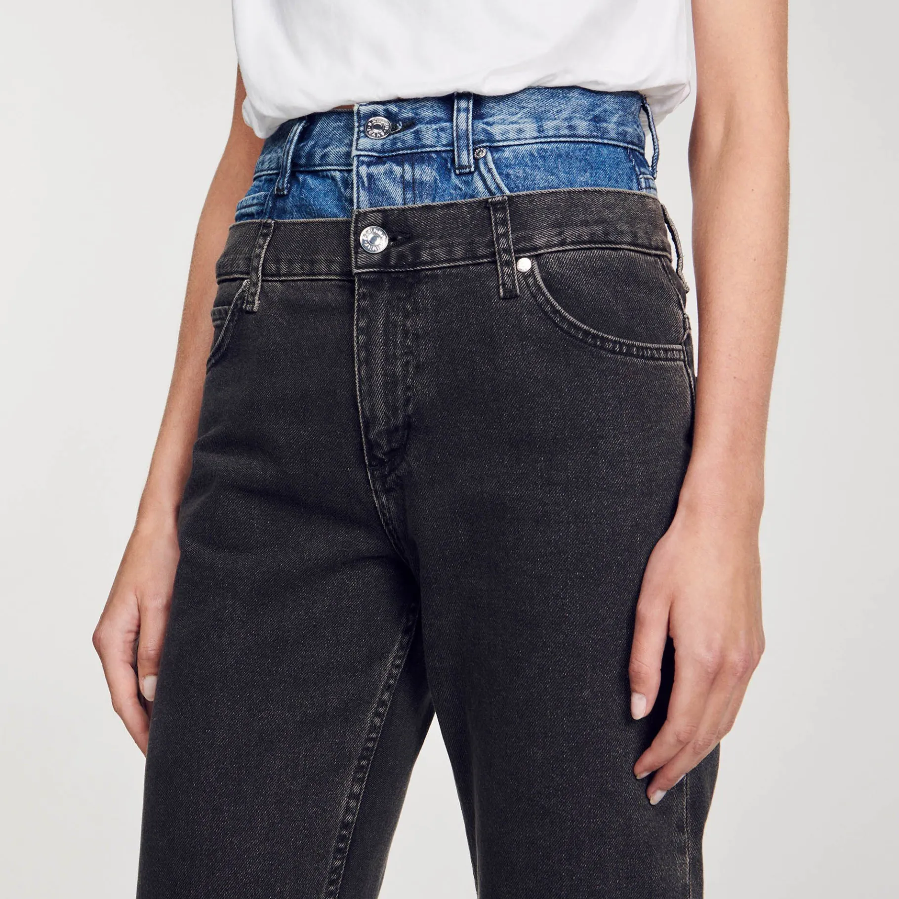 Sandro Paris Vaqueiros-Calça Jeans Cintura Dupla Bicolor