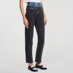 Sandro Paris Vaqueiros-Calça Jeans Cintura Dupla Bicolor