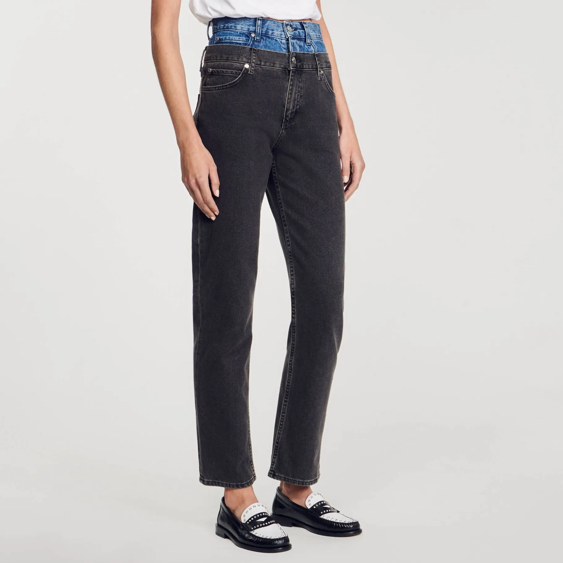 Sandro Paris Vaqueiros-Calça Jeans Cintura Dupla Bicolor