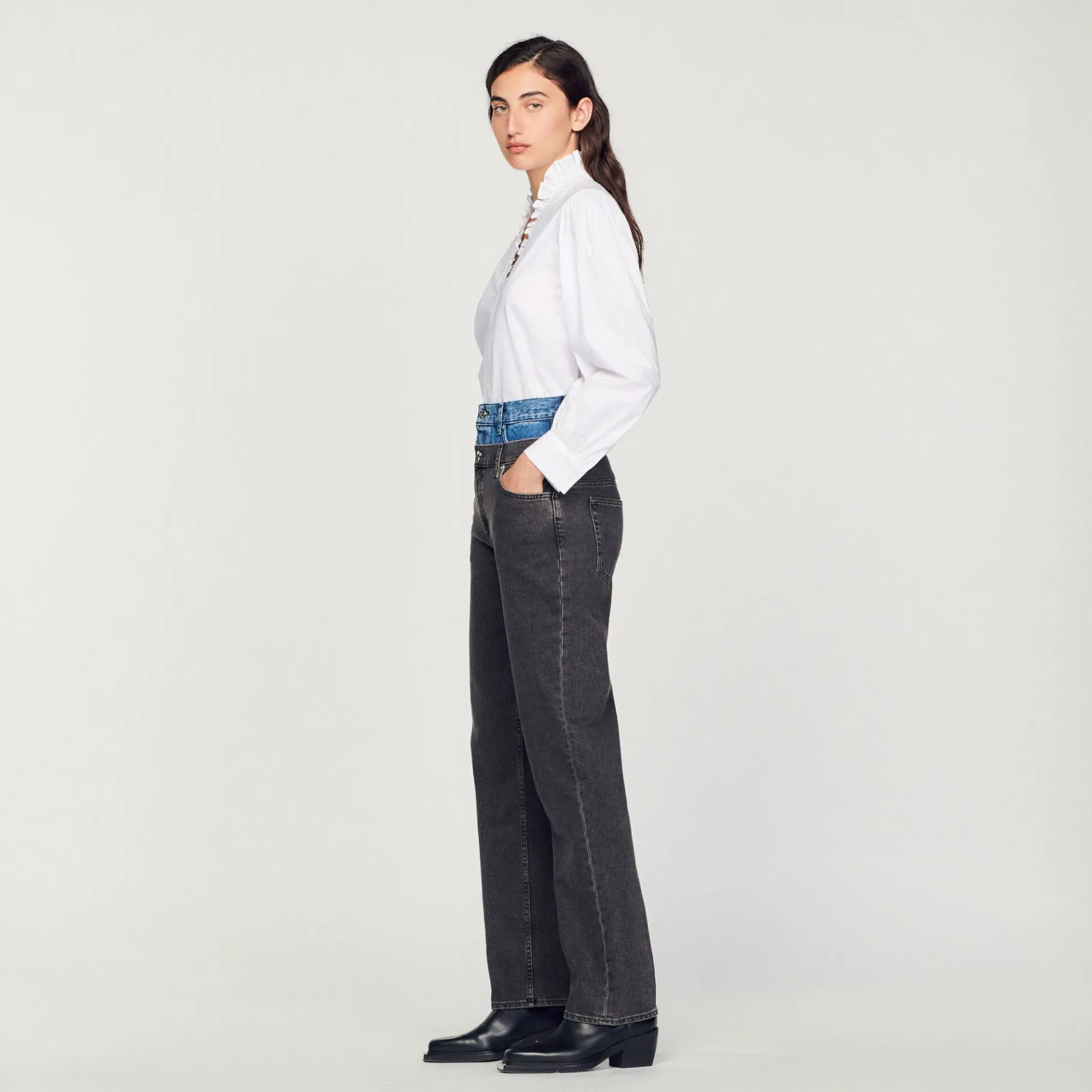 Sandro Paris Vaqueiros-Calça Jeans Cintura Dupla Bicolor