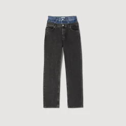Sandro Paris Vaqueiros-Calça Jeans Cintura Dupla Bicolor