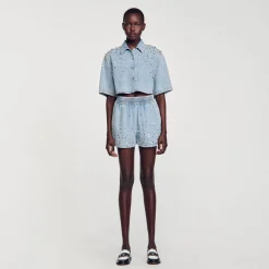 Sandro Paris Saias E Shorts-Calça Jeans Curta Larga Com Strass