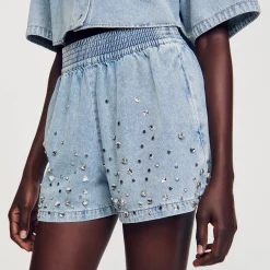 Sandro Paris Saias E Shorts-Calça Jeans Curta Larga Com Strass