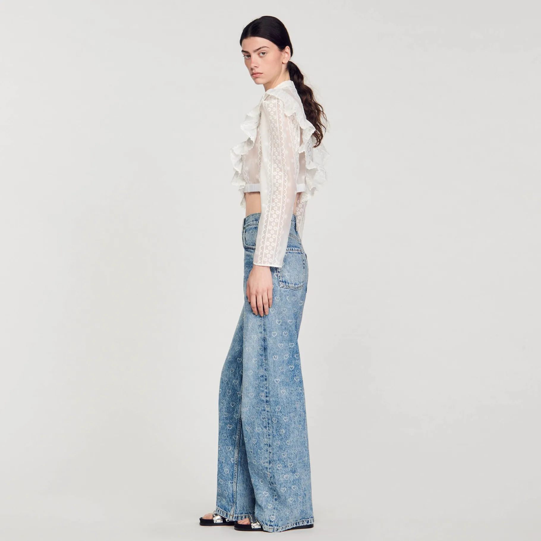 Sandro Paris Vaqueiros-Calça Jeans Larga Com Coracoes De Strass