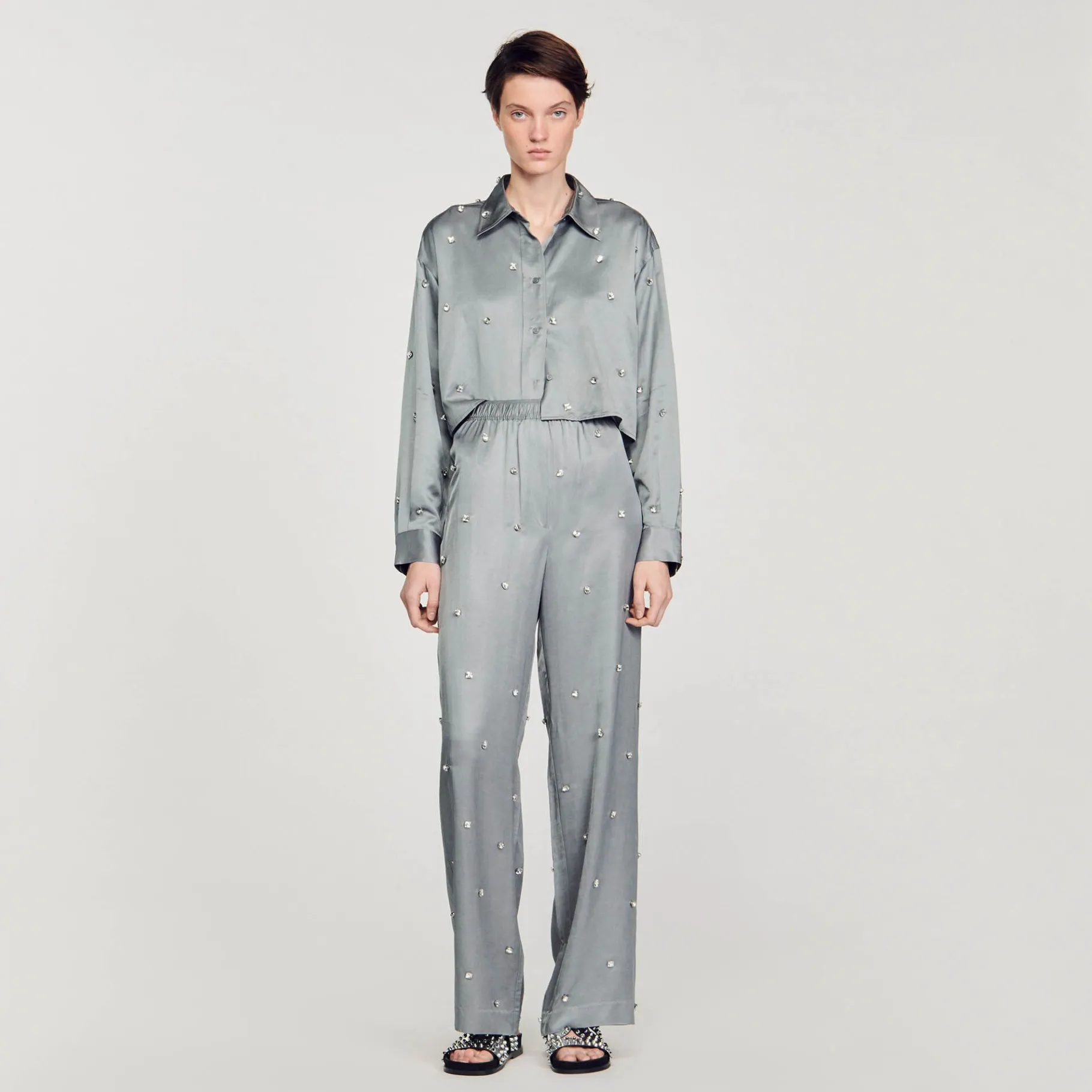 Sandro Paris Conjuntos-Camisa De Cetim Decorada Com Strass