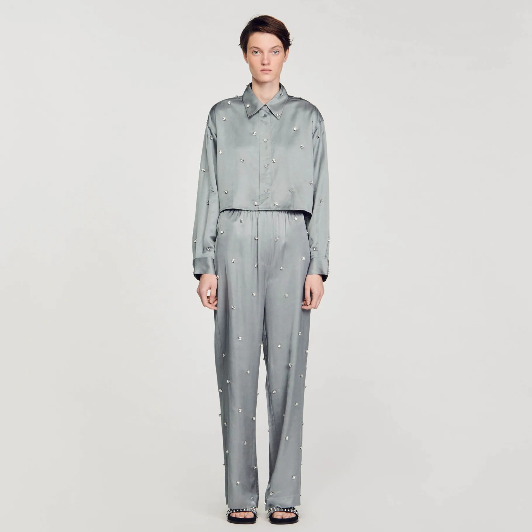 Sandro Paris Conjuntos-Camisa De Cetim Decorada Com Strass