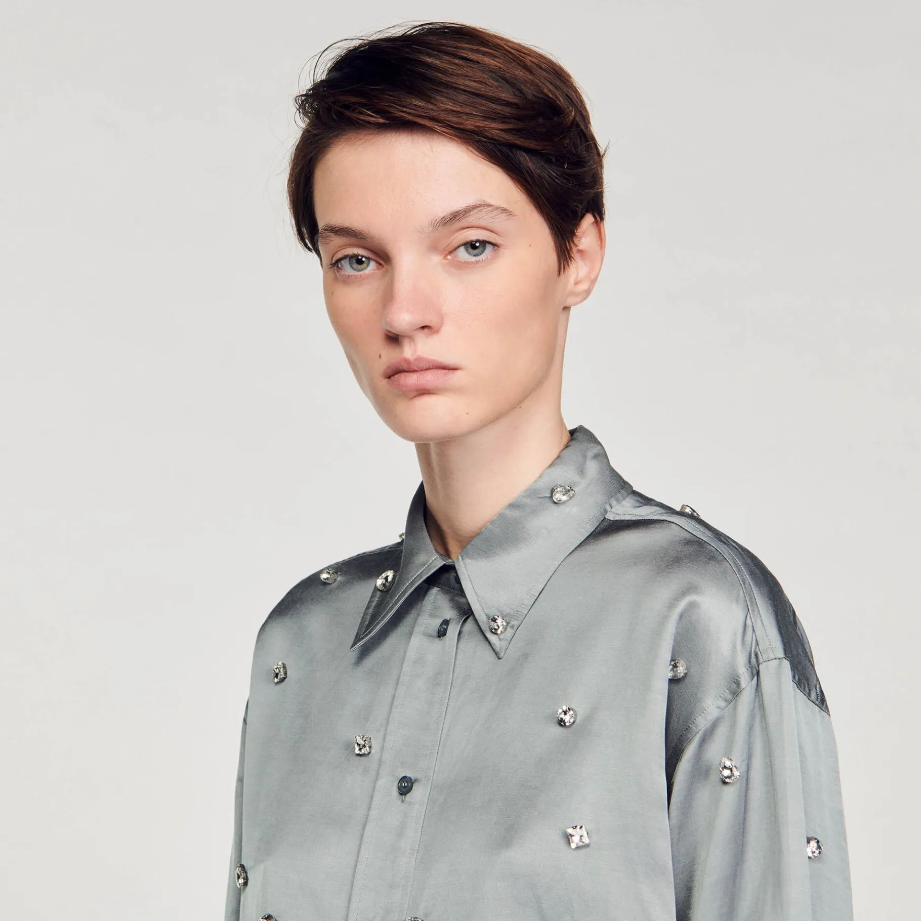 Sandro Paris Conjuntos-Camisa De Cetim Decorada Com Strass