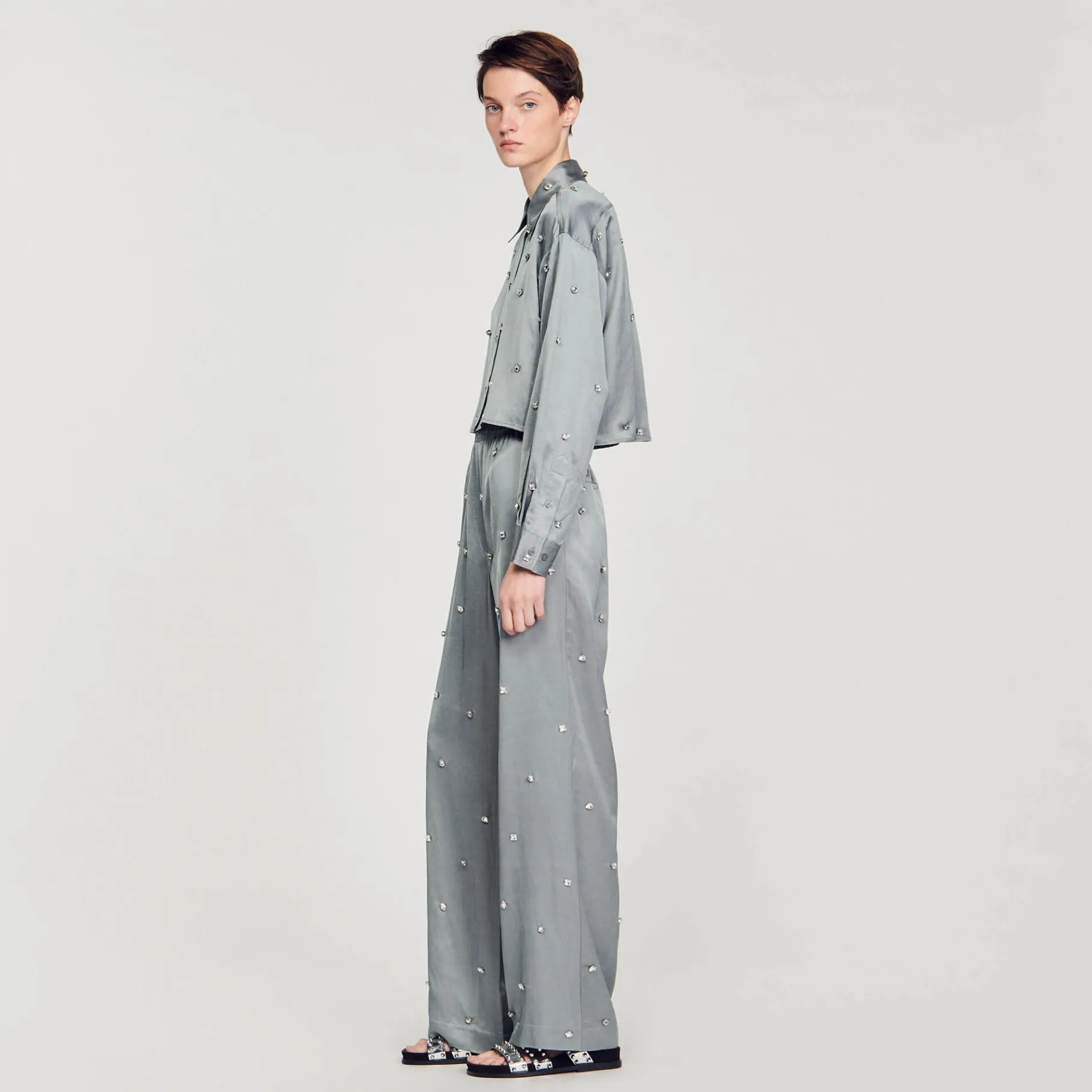 Sandro Paris Conjuntos-Camisa De Cetim Decorada Com Strass