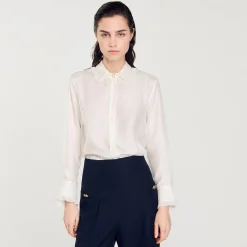 Sandro Paris Tops E Camisas-Camisa De Seda, Gola Bordada E Plissada