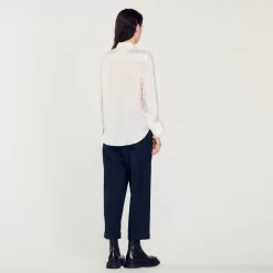 Sandro Paris Tops E Camisas-Camisa De Seda, Gola Bordada E Plissada