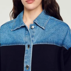 Sandro Paris Suéteres E Cardigans-Cardiga Estilo Jaqueta De Dois Materiais