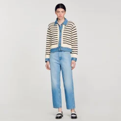 Sandro Paris Suéteres E Cardigans-Cardiga Listrado Em Malha E Jeans