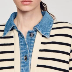 Sandro Paris Suéteres E Cardigans-Cardiga Listrado Em Malha E Jeans