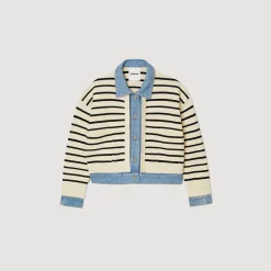 Sandro Paris Suéteres E Cardigans-Cardiga Listrado Em Malha E Jeans