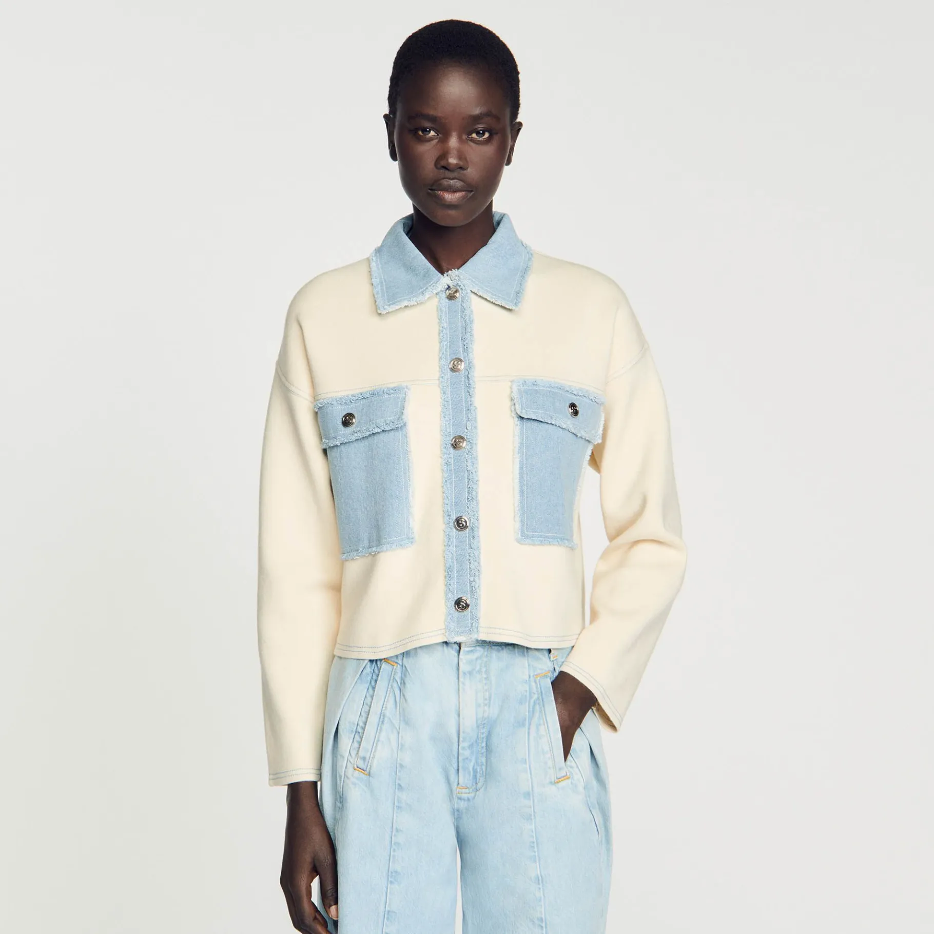 Sandro Paris Suéteres E Cardigans-Cardiga Oversize De Dois Materiais