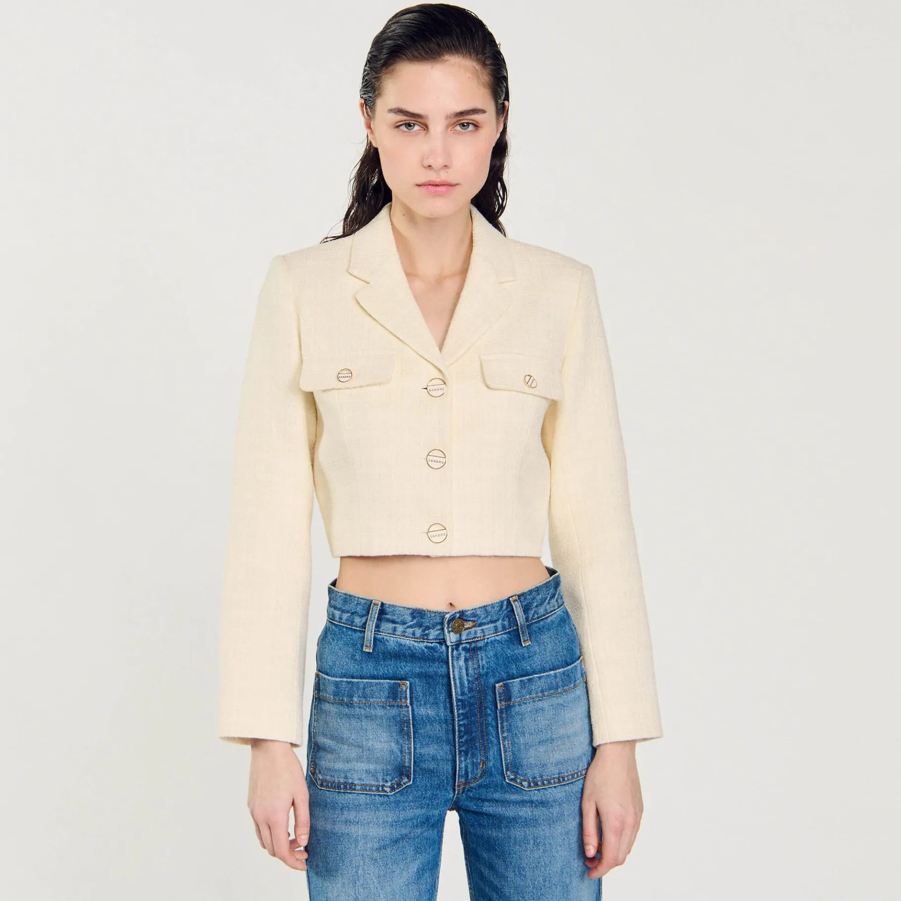 Sandro Paris Se Adequa-Jaqueta Curta De Tweed Com Botoes