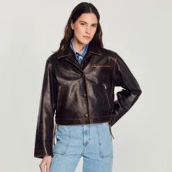 Sandro Paris Jaquetas E Jaquetas-Jaqueta De Couro Envelhecida