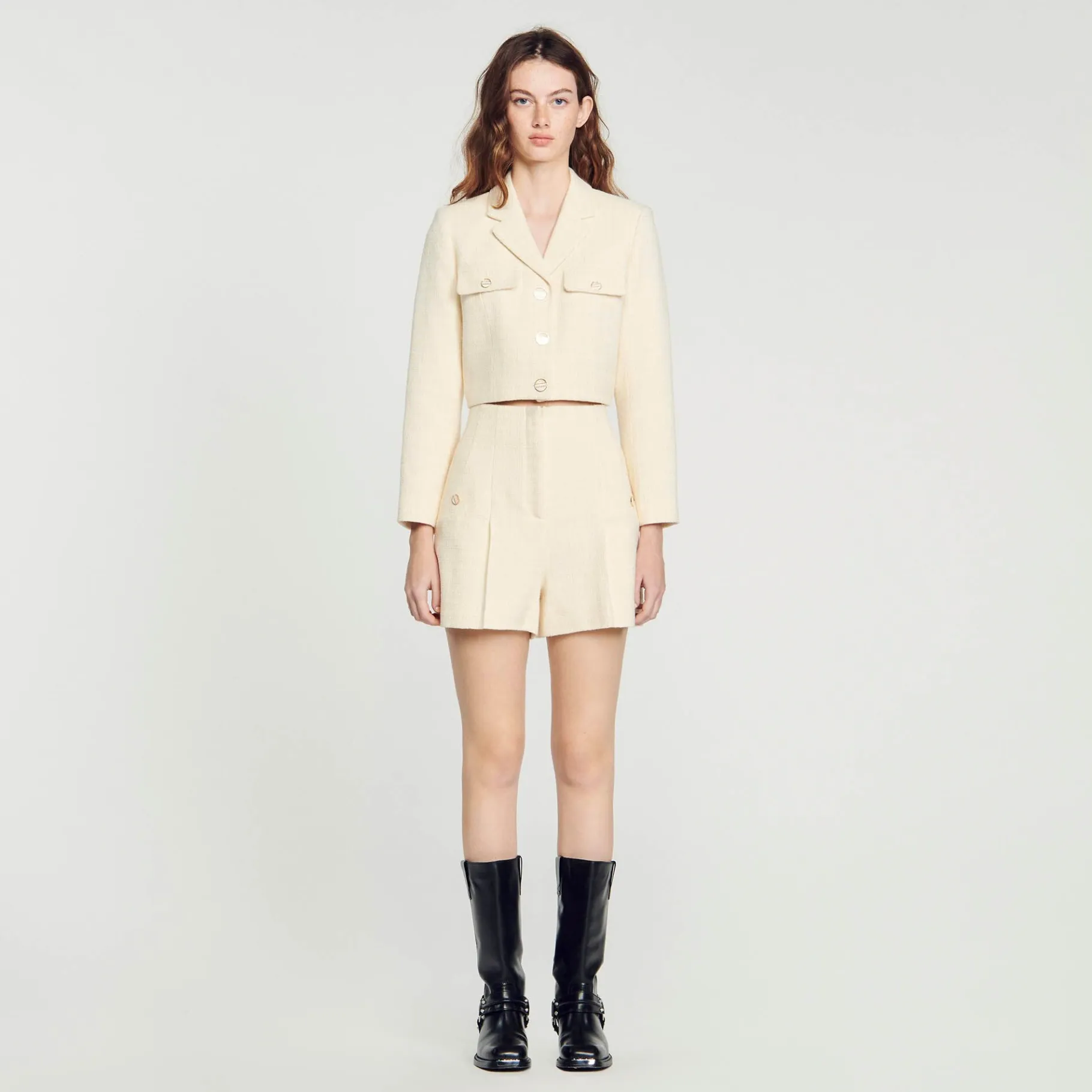 Sandro Paris Se Adequa-Shorts De Tweed Com Cintura Alta