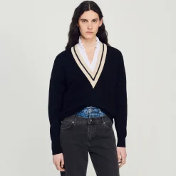 Sandro Paris Suéteres E Cardigans-Sueter Contrastante Com Decote Em V