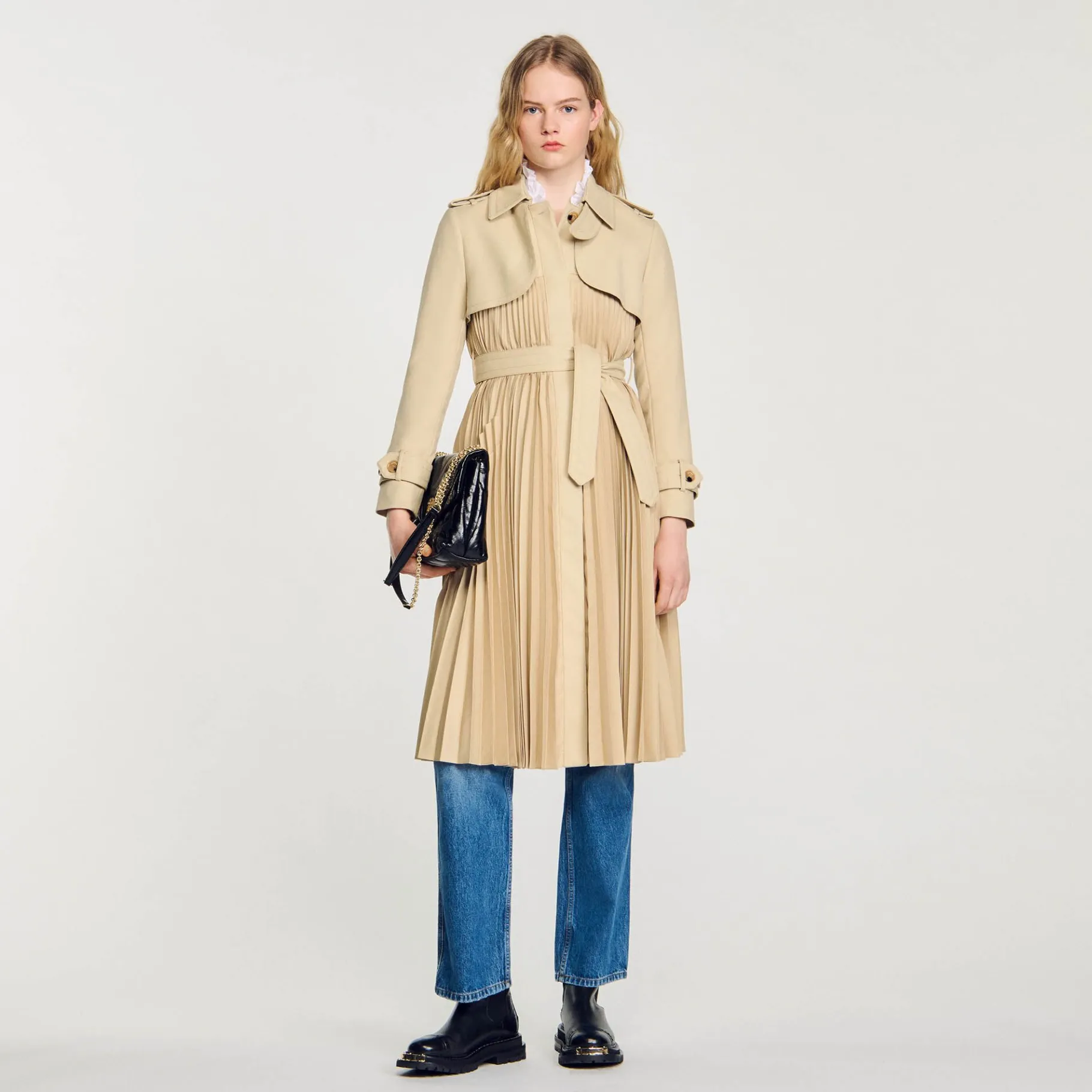 Sandro Paris Casacos-Trench Coat Plissado Com Cinto