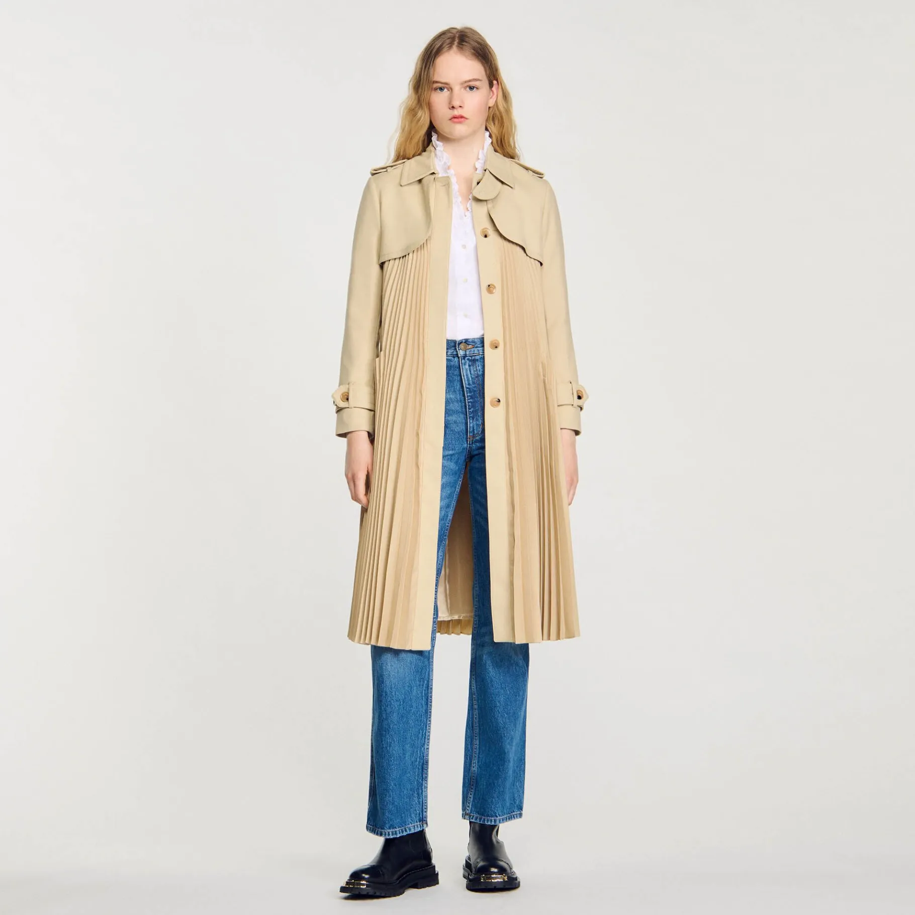 Sandro Paris Casacos-Trench Coat Plissado Com Cinto