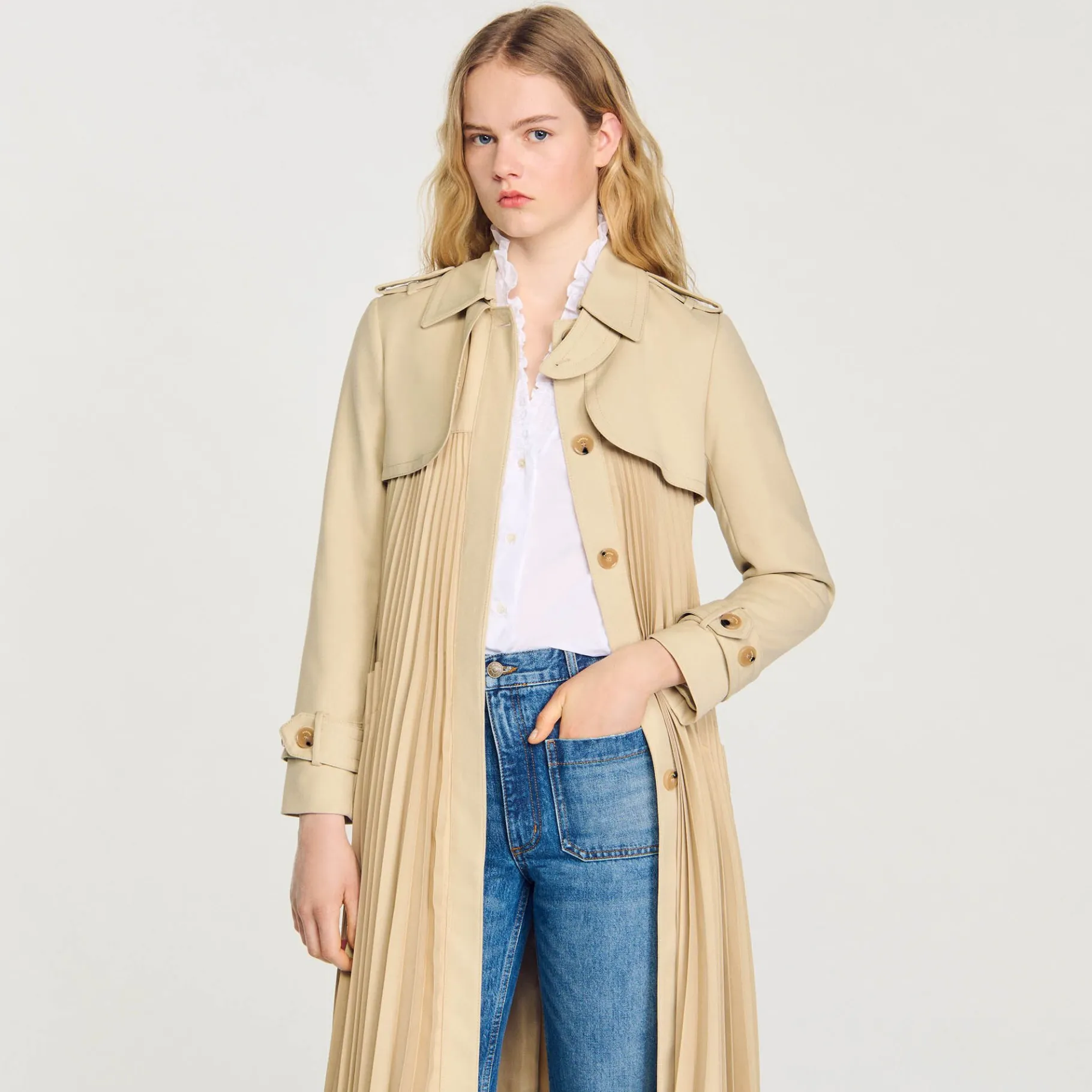 Sandro Paris Casacos-Trench Coat Plissado Com Cinto