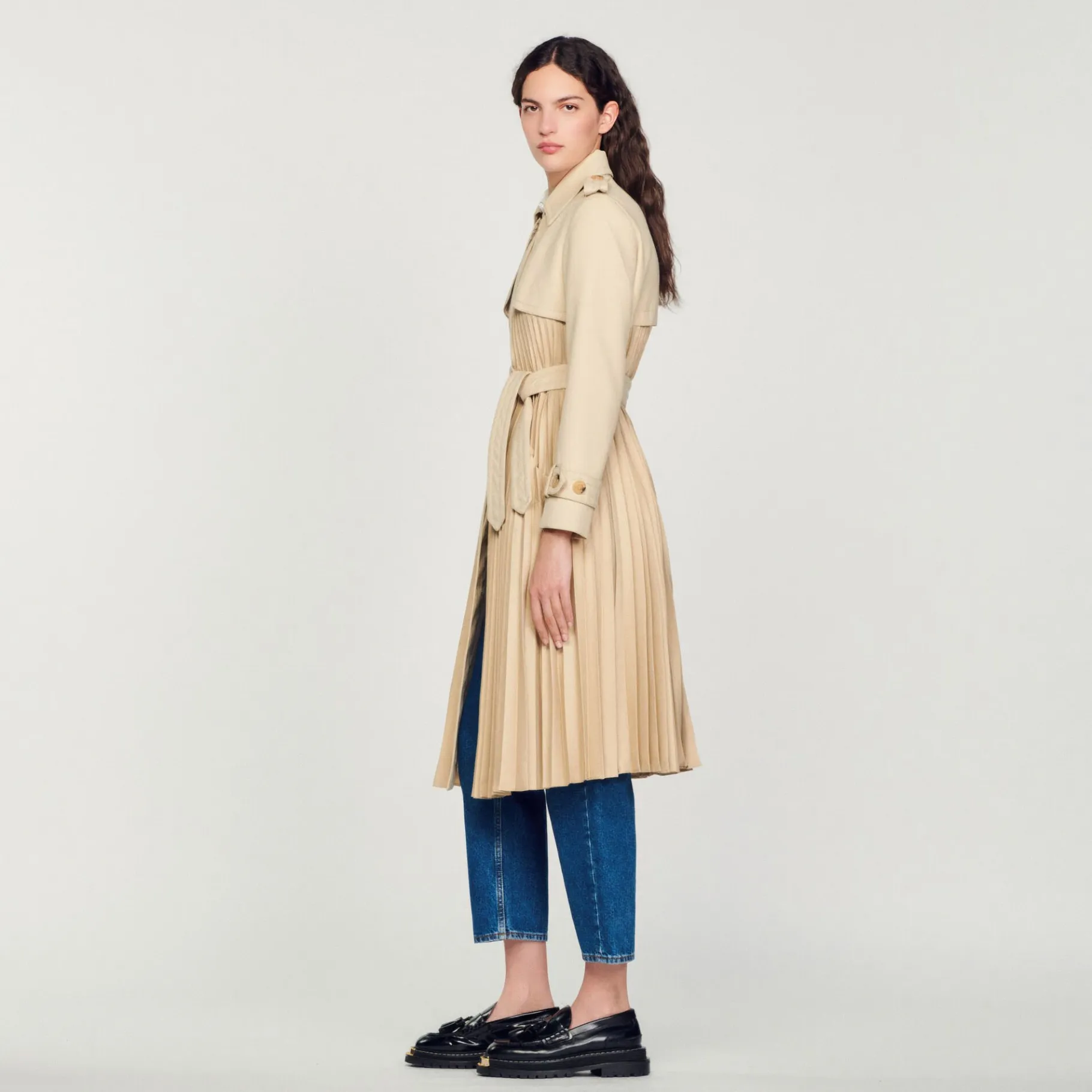 Sandro Paris Casacos-Trench Coat Plissado Com Cinto