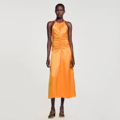 Sandro Paris Vestidos-Vestido Longo De Cetim E Franzido