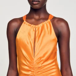 Sandro Paris Vestidos-Vestido Longo De Cetim E Franzido