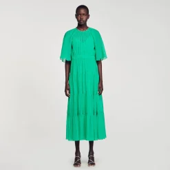 Sandro Paris Vestidos-Vestido Midi Com Gola De Strass