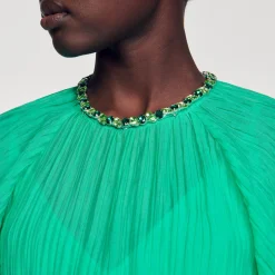 Sandro Paris Vestidos-Vestido Midi Com Gola De Strass