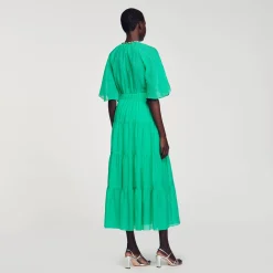 Sandro Paris Vestidos-Vestido Midi Com Gola De Strass