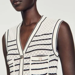 Sandro Paris Vestidos-Vestido Midi Em Malha Listrada