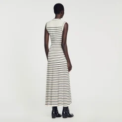 Sandro Paris Vestidos-Vestido Midi Em Malha Listrada