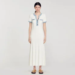 Sandro Paris Vestidos-Vestido Midi Em Trico E Jeans