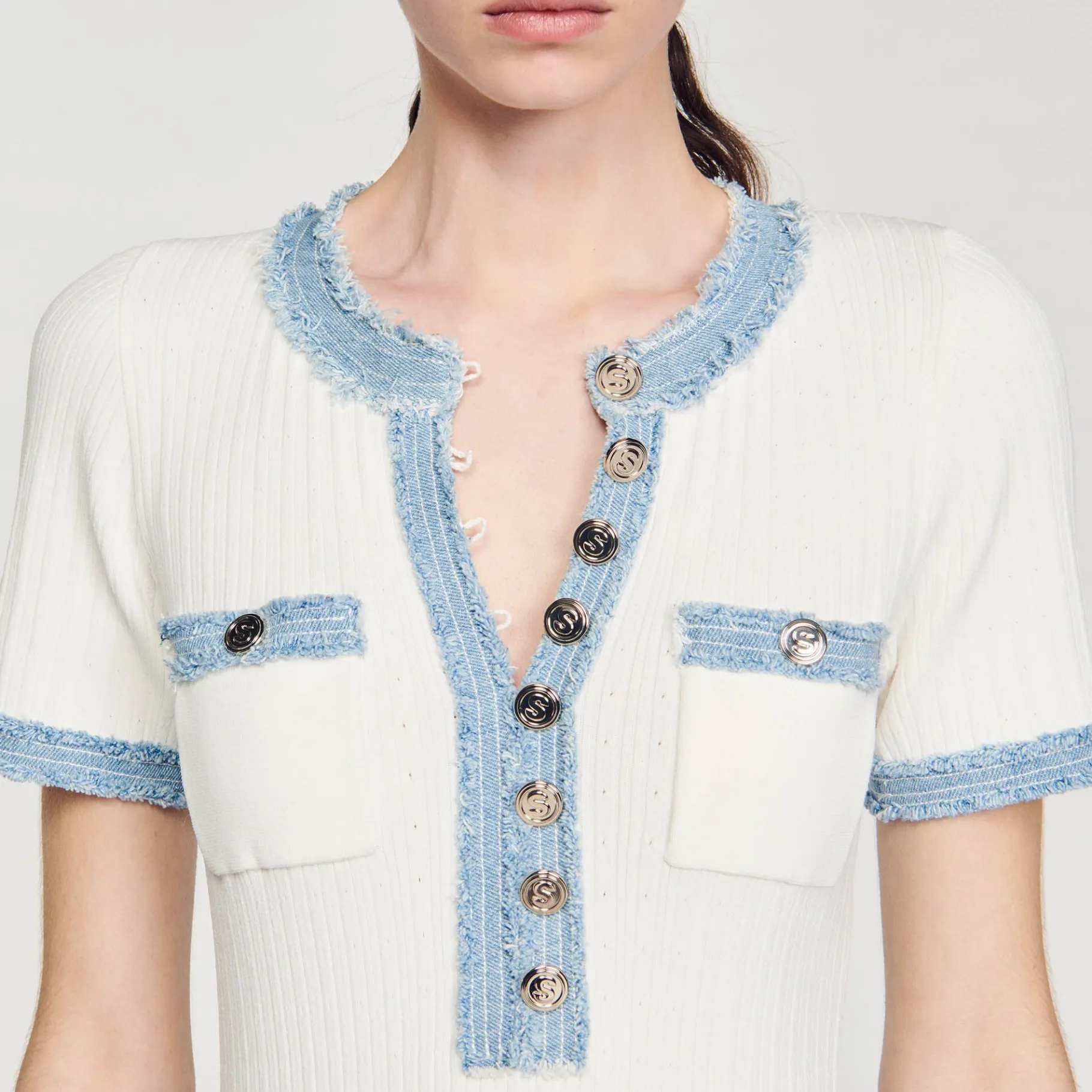 Sandro Paris Vestidos-Vestido Midi Em Trico E Jeans