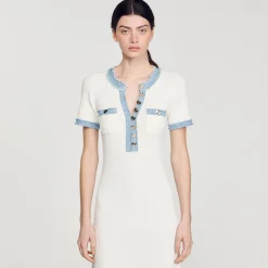 Sandro Paris Vestidos-Vestido Midi Em Trico E Jeans