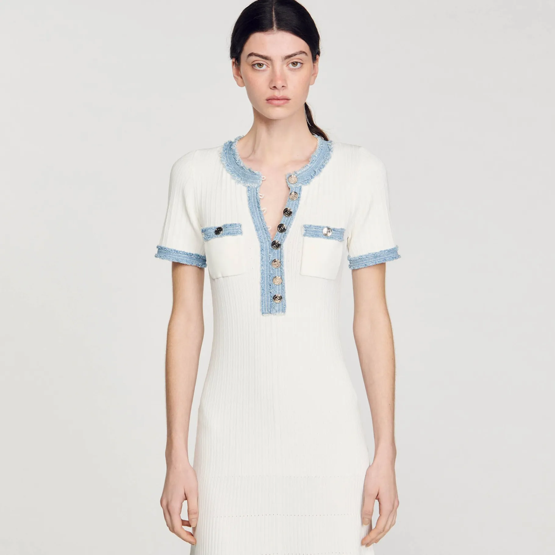 Sandro Paris Vestidos-Vestido Midi Em Trico E Jeans