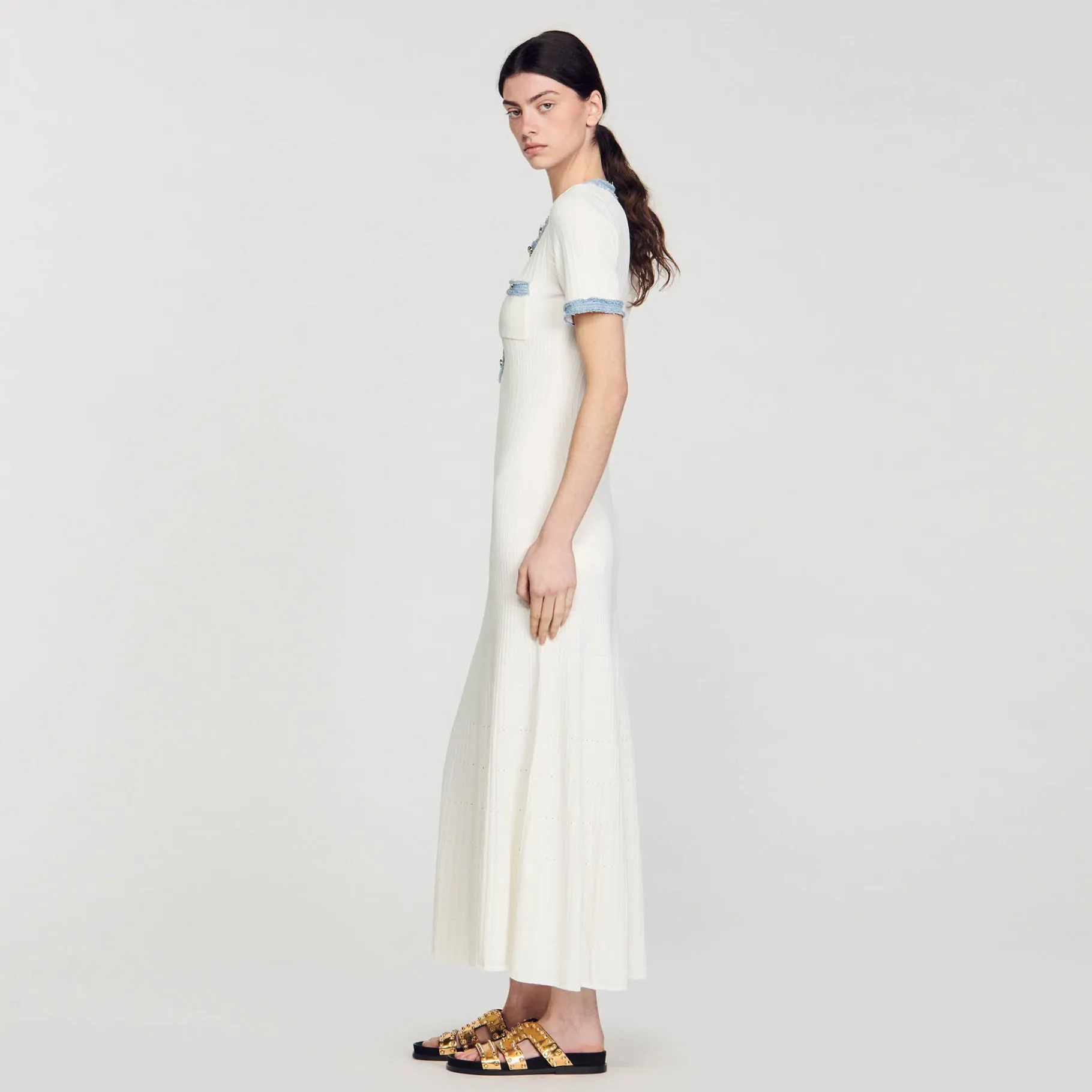 Sandro Paris Vestidos-Vestido Midi Em Trico E Jeans