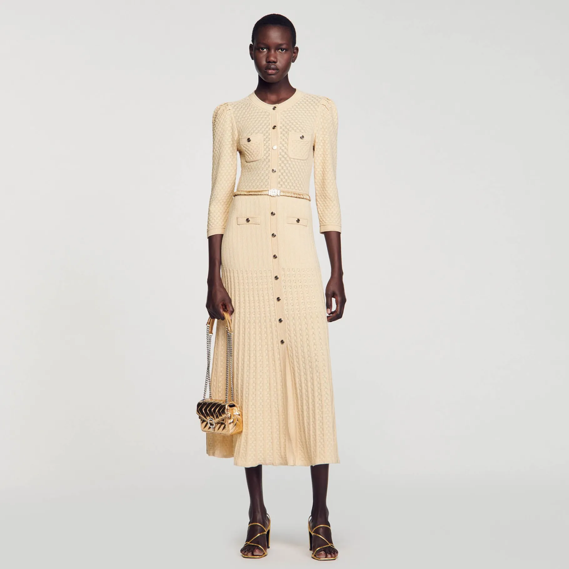 Sandro Paris Vestidos-Vestido Midi Tricot Pointelle