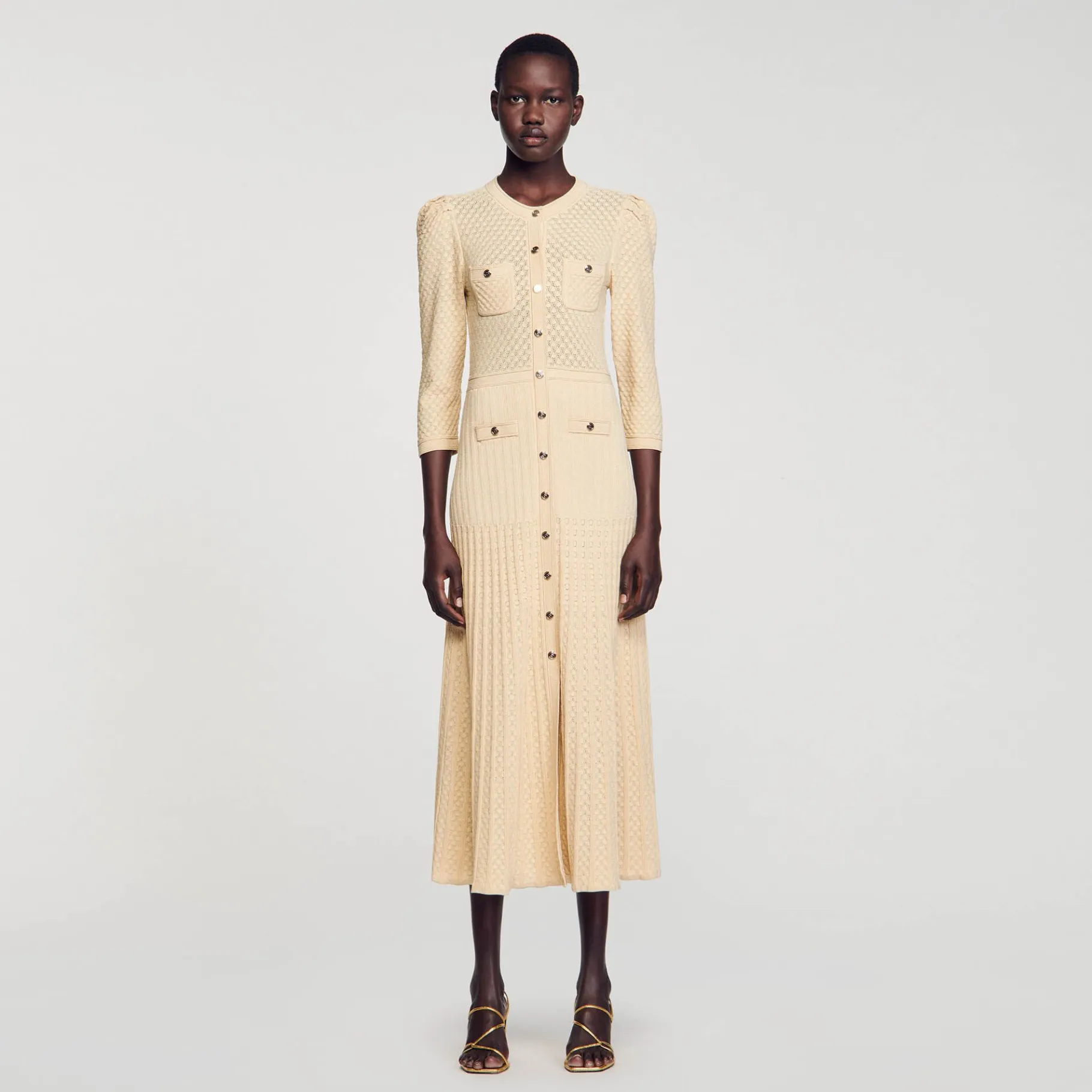 Sandro Paris Vestidos-Vestido Midi Tricot Pointelle