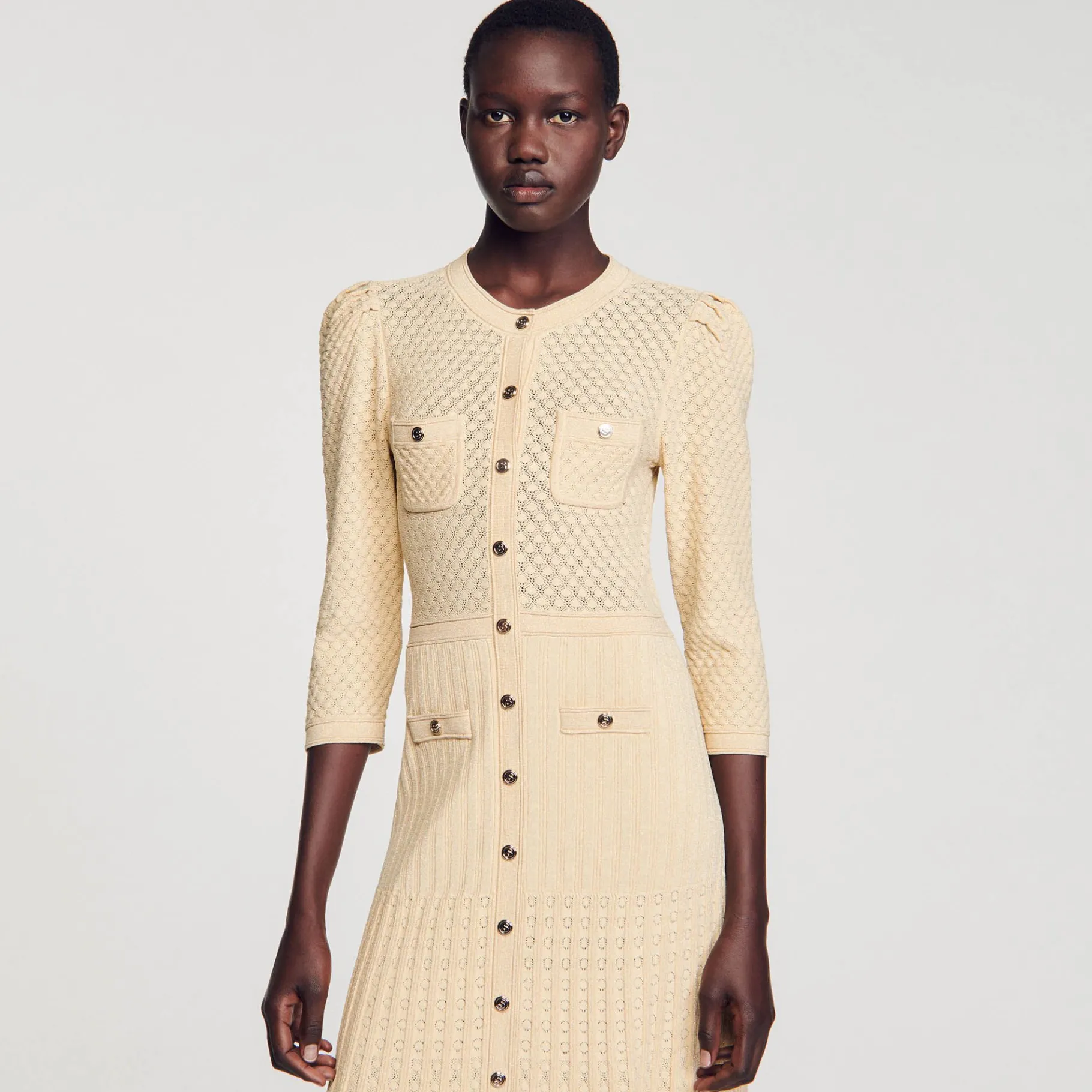 Sandro Paris Vestidos-Vestido Midi Tricot Pointelle